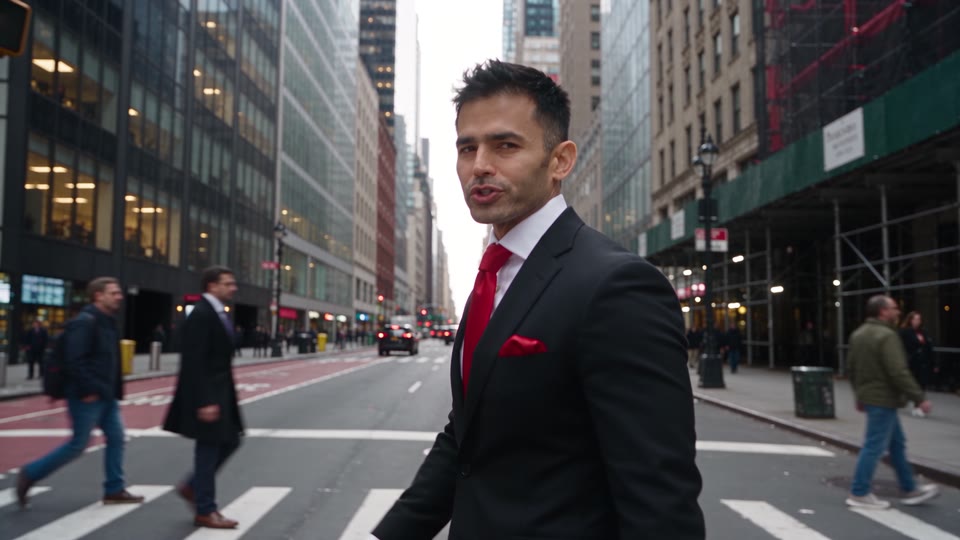Mani walking across a city bridge