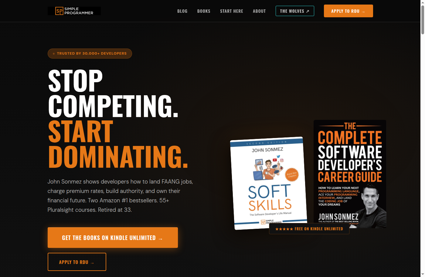 Screenshot of the Simple Programmer website featuring John's two books