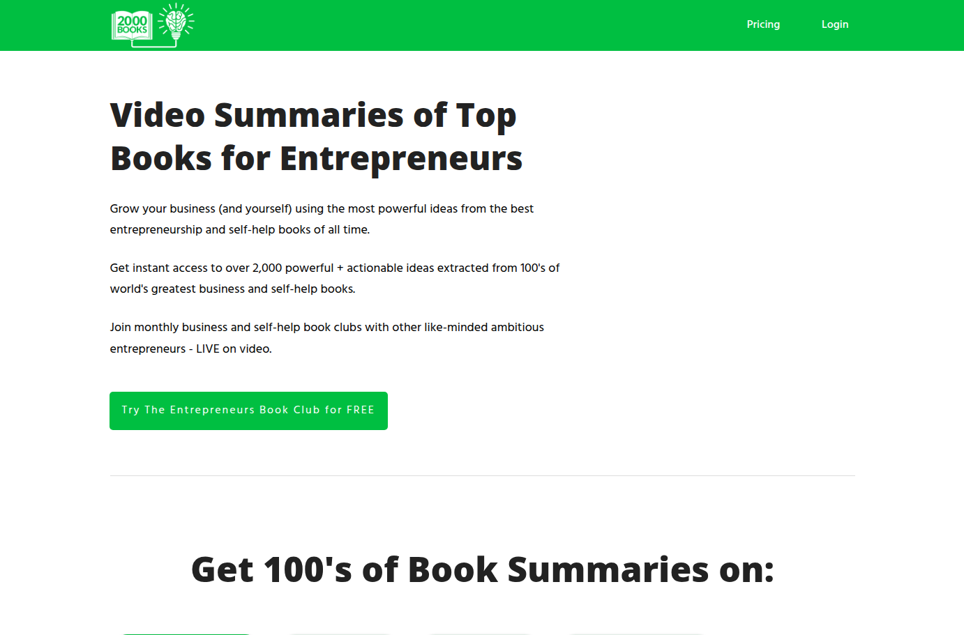 Screenshot of the 2000 Books website showing video summaries for entrepreneurs