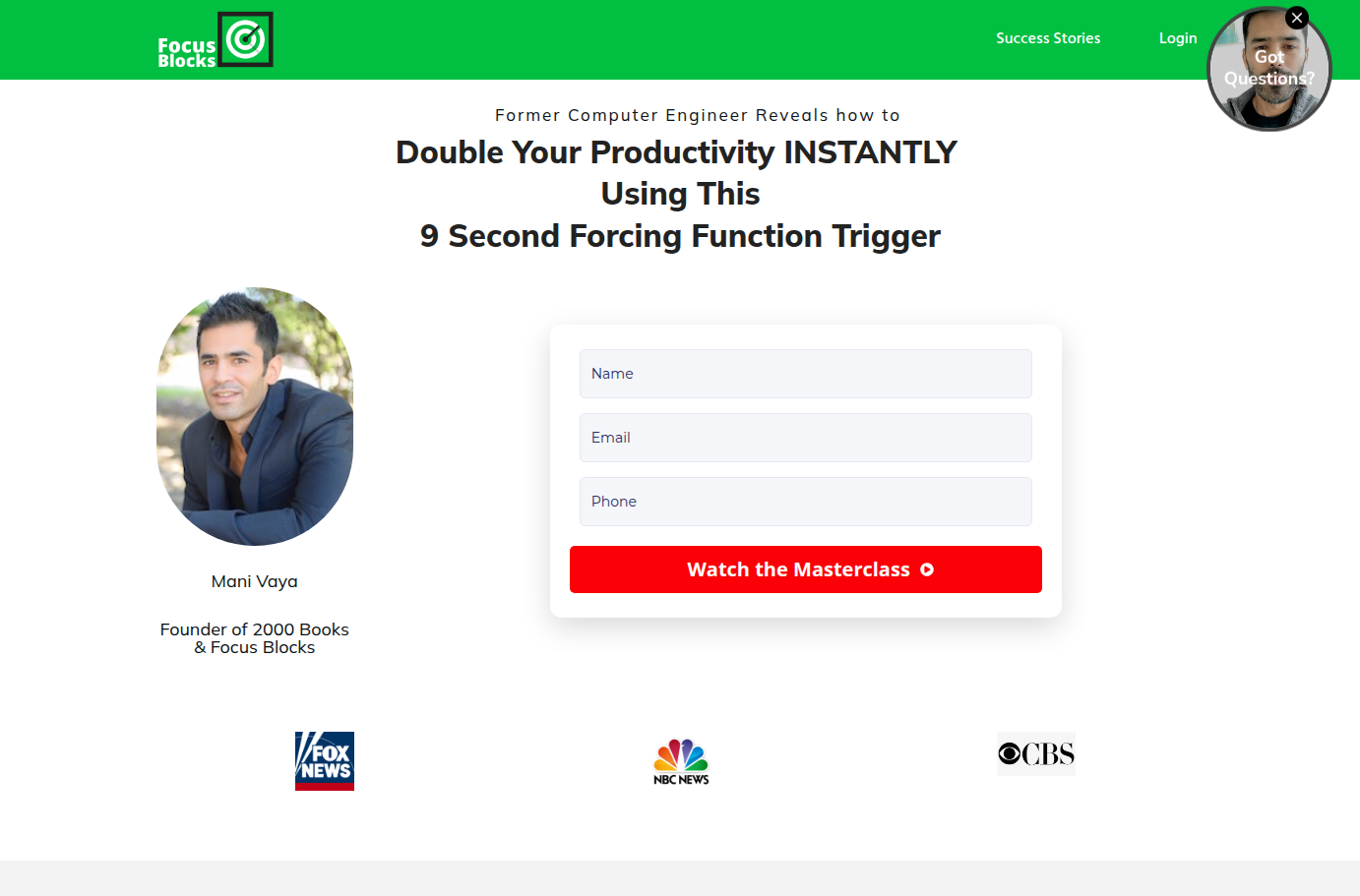 Screenshot of the Focus Blocks website describing live virtual focus sessions